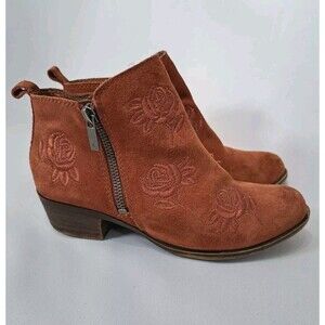 Lucky Brand Womens Basel Ankle Boots Suede Floral Rose Embroidery Brown Size 6 M